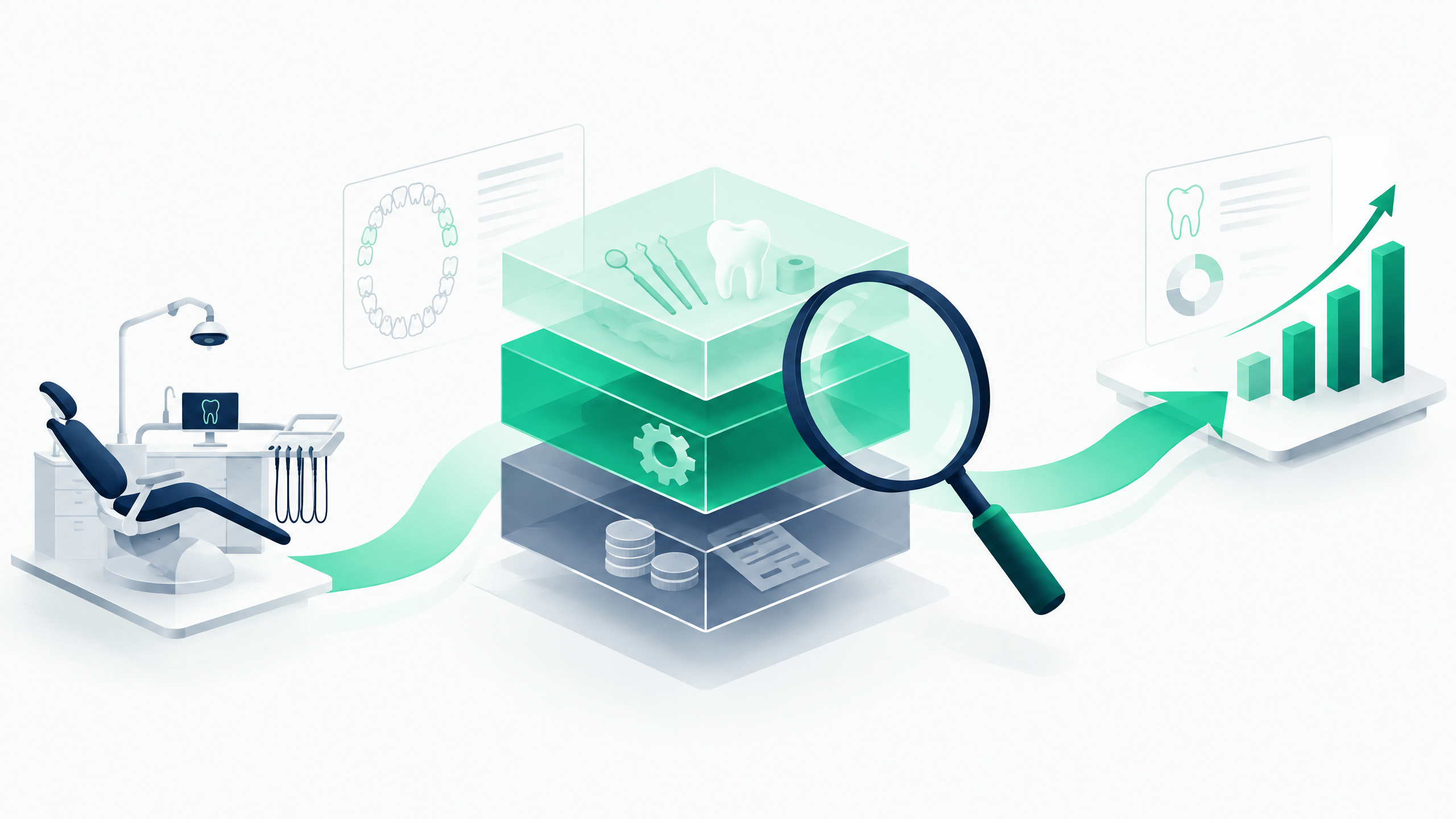 Editorial illustration of dental RCM cost layers, a magnifying glass, and an operations-to-revenue path