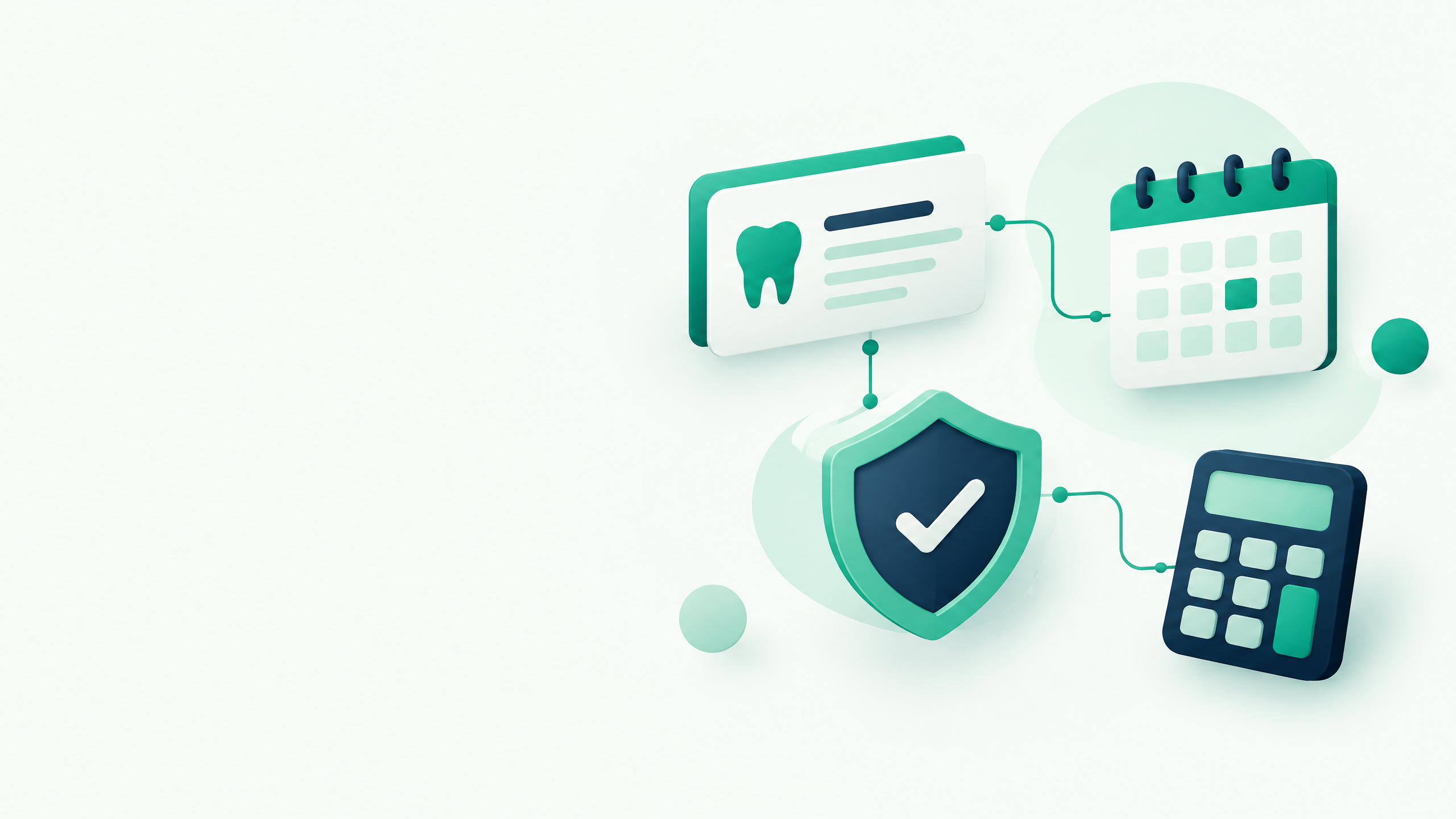 Editorial illustration of a dental insurance benefit card, calendar, shield, and cost workflow