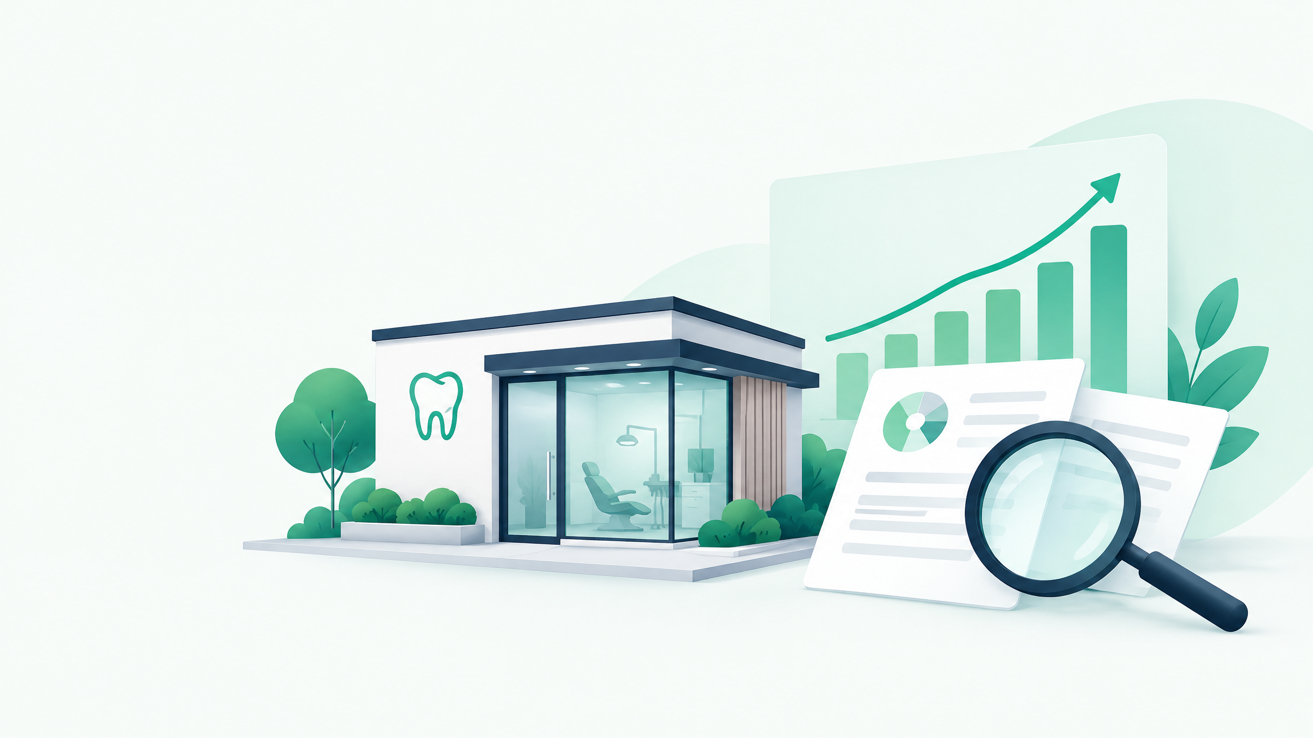 Editorial illustration of a dental practice building, financial chart, magnifying glass, and valuation documents