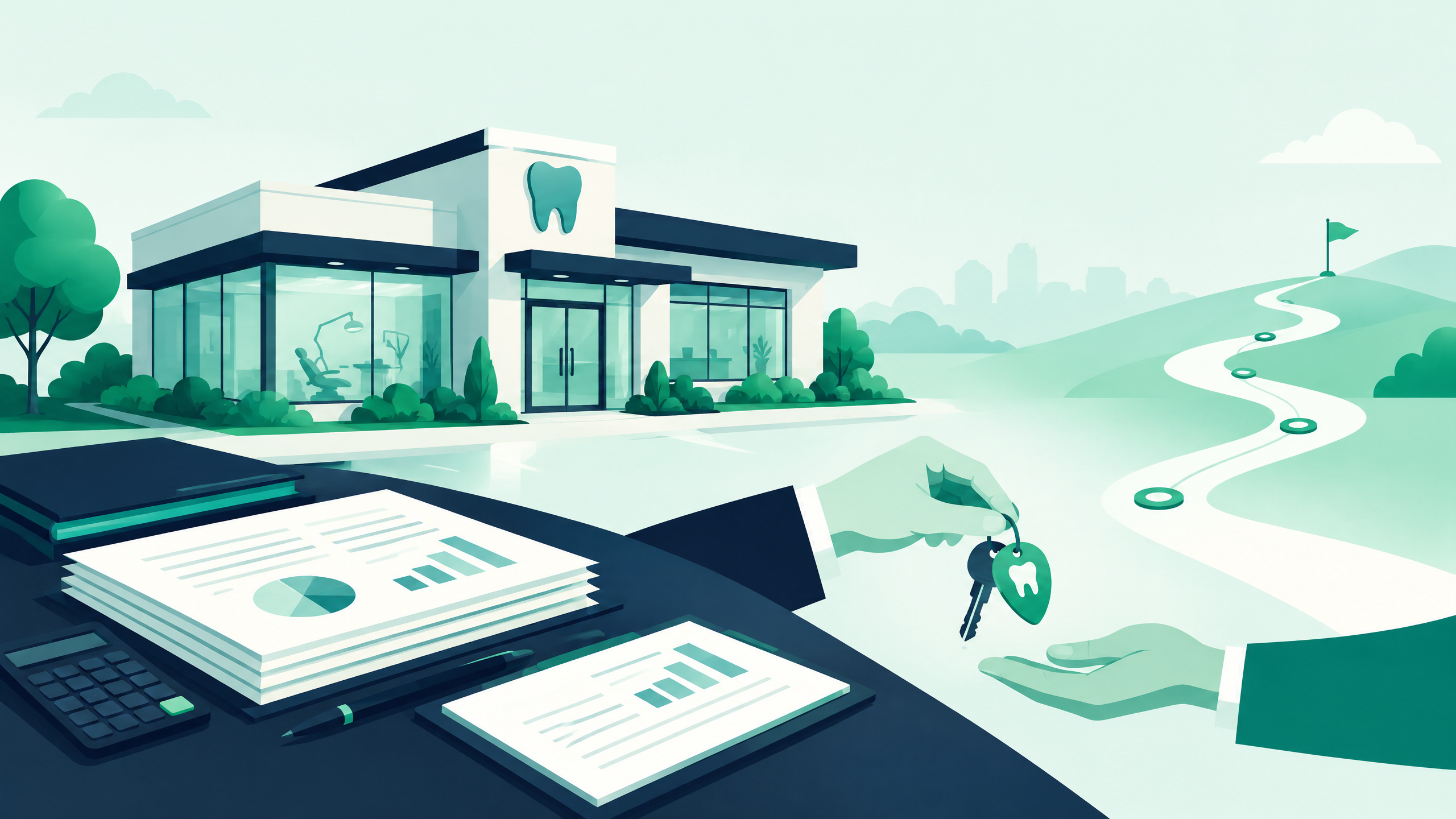 Editorial illustration of a dental practice sale transition with organized financial documents and a key handoff