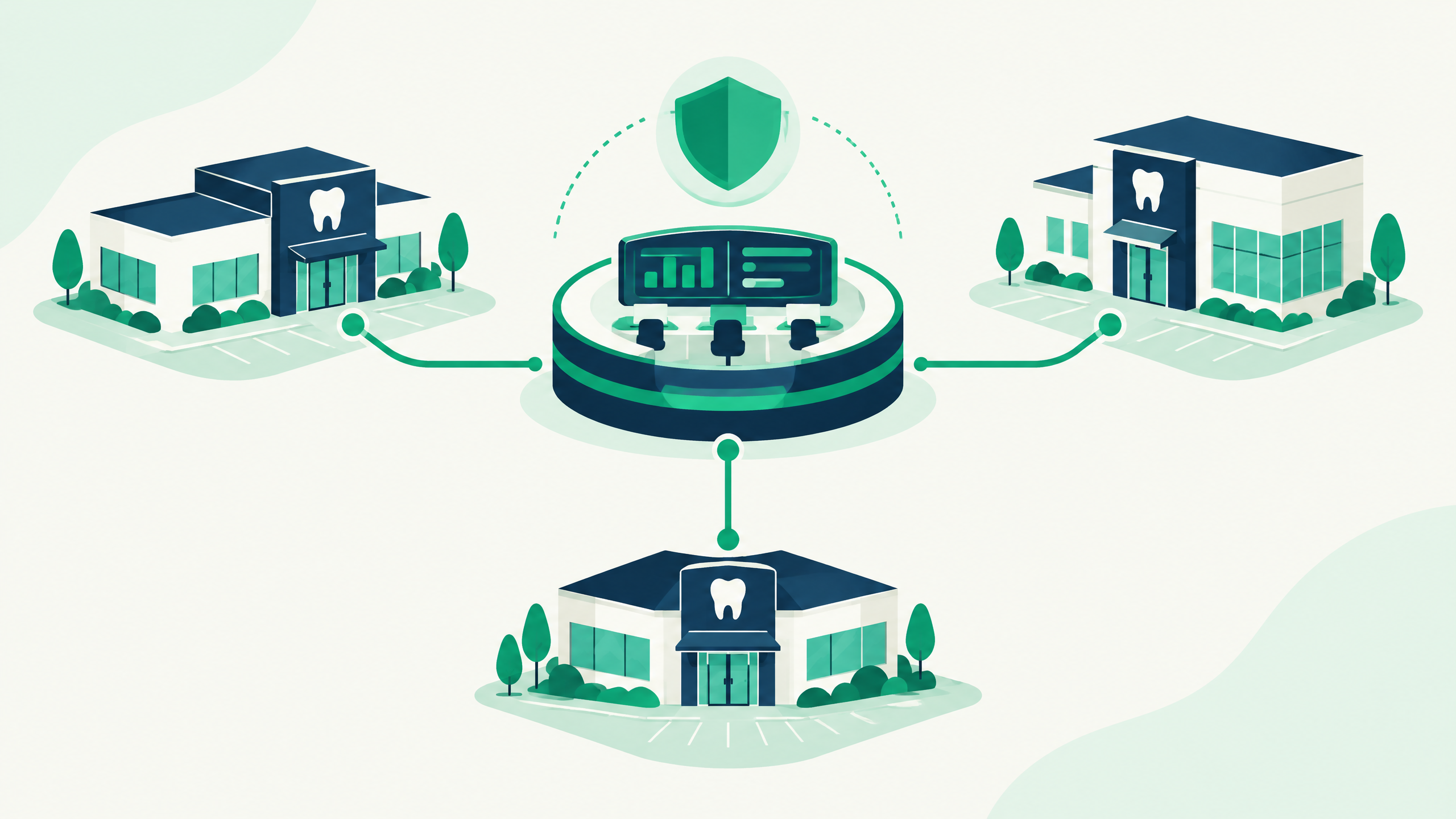 Editorial illustration of multiple dental practices connected to a central operations hub