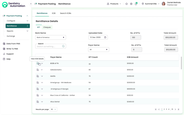 Payment Processing - Remittance - EFT - View EOB Tooltip view